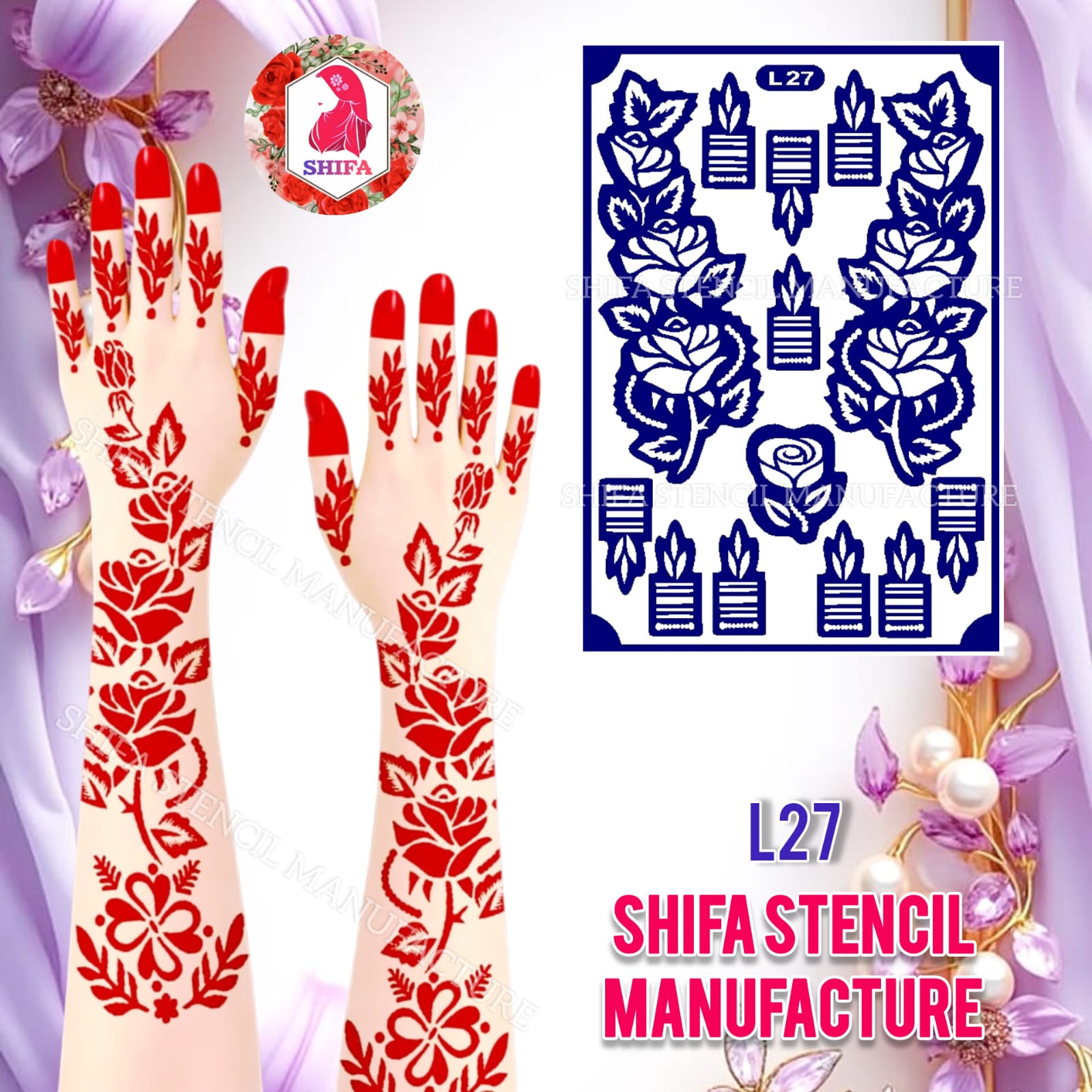 L27 – Symmetric Garden Grace Sticker Overview Henna Stencil - Shifa Stencil